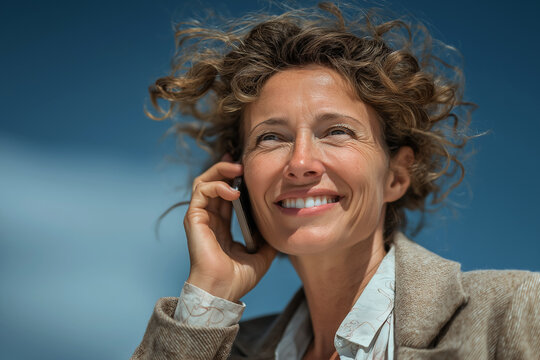 A cheerful woman smiles brightly while talking on her phone outdoors, her curly hair blowing in the wind under a clear blue sky, capturing a joyful, free moment. - Powered by Adobe