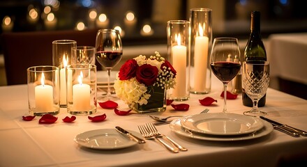 Romantic candlelit dinner table setting with flowers and wine for two