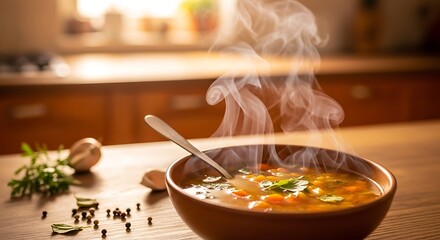 Steaming bowl of hearty vegetable soup served with fresh herbs and garlic