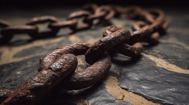 shackles. Rusted iron chains and broken manacles on a stone floor in dim light. public awareness campaigns, NGO reports, designed for public awareness campaigns and NGO communications.