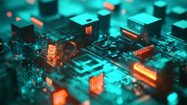 Futuristic circuit board with glowing data processing elements