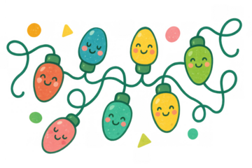 Cartoon string lights featuring happy smiling faces, creating a cute and festive holiday decoration for christmas, transparent background