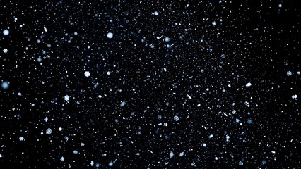 Abstract dark blue background with glowing bokeh and white falling snow particles