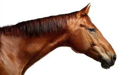 horsepower. Majestic bay horse in profile against a clean white background. wildlife magazines, conservation campaigns, designed for wildlife conservation campaigns, promotes animal welfare.