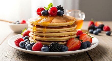 Fluffy stack of pancakes topped with fresh berries and drizzled with honey