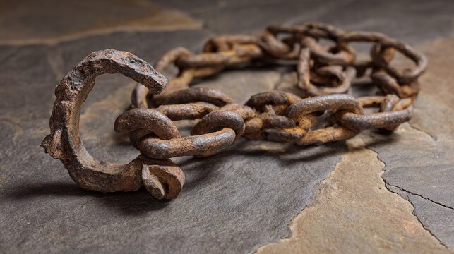 shackles. Rusted iron chains and broken manacles on a stone floor in dim light. public awareness campaigns, NGO reports, designed for public awareness campaigns and NGO communications.