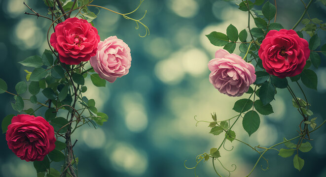 Belles roses rouges et roses se melent aux vignes vertes sous une douce lumiere naturelle ambiance romantique et delicate. AI Generated