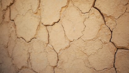 Fototapeta premium Cracked sand colored plaster wall in an old house. Traditional rough texture background shows age and weathered facade details. Earthy tones and organic pattern visible.