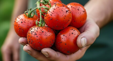 Freshly harvested ripe roma tomatoes held gently in a gardener s hand