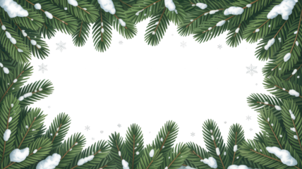 Christmas fir tree branches frame with snow for holiday greeting card design isolated on transparent background