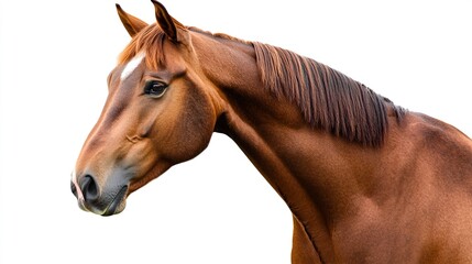 horsepower. Majestic bay horse in profile against a clean white background. wildlife magazines, conservation campaigns, designed for wildlife conservation campaigns, promotes animal welfare.