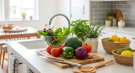 Fresh produce abounds on a bright kitchen countertop ready for meal preparation
