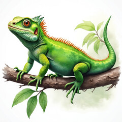 Obraz premium Green lizard sits on a tree branch. Watercolor illustration shows detailed scales and vivid colors of this reptile. Wild animal rests in jungle foliage. Closeup view.