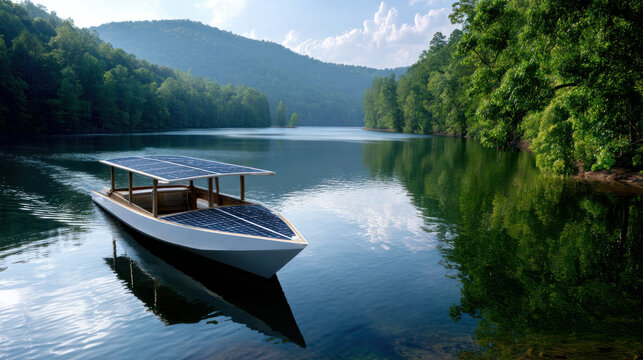 Solar-powered boat on a clean lake with reflections. Environment and green energy concept, demonstrating sustainable business practices, renewable energy - Powered by Adobe