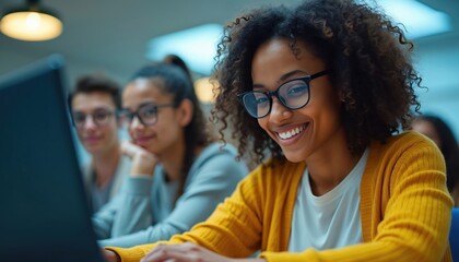 Smiling multiracial students learn at computers in classroom. Young people interact with tech devices for online study and education. Teacher guides group with laptop for digital lessons.