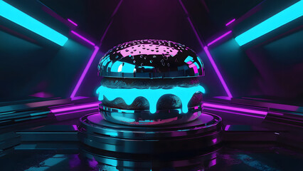 Chrome Burger with Neon Glow on Futuristic Display Stand