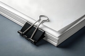 Stack of white paper secured by a large black binder clip rests on a muted gray surface