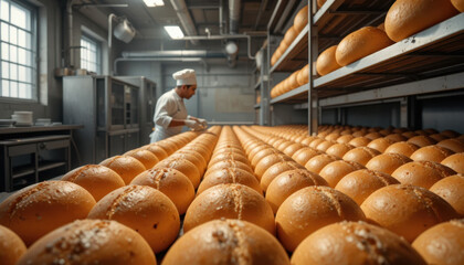 Baker in white uniform inspects freshly baked bread loaves lined up on metal racks in large industrial bakery. warm lighting highlights golden crusts, creating cozy atmosphere
