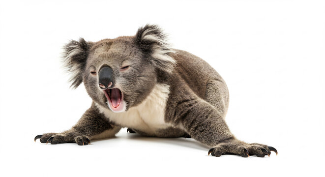 Koala endormi b�illant largement sur fond blanc pur lumi�re douce studio capturant son expression fatigu�e. AI Generated