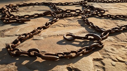 shackles. Rusted iron chains and broken manacles on a stone floor in dim light. public awareness campaigns, NGO reports, designed for public awareness campaigns and NGO communications.