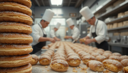 Team of pastry chefs in bakery kitchen prepares rows of freshly baked pastries, showcasing their culinary skills and teamwork. scene is filled with delicious aroma
