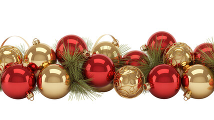 Collection of shiny red and gold christmas ornaments with green pine needles isolated on transparent background