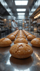 Freshly baked golden buns are lined up on stainless steel counter in professional kitchen, with chefs in white uniforms and hats working in background. atmosphere is bustling and efficient