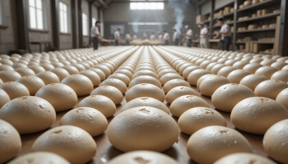 Rows of cheese wheels are lined up in rustic cheese factory, with workers in background. scene captures artisanal process of cheese production, highlighting craftsmanship involved