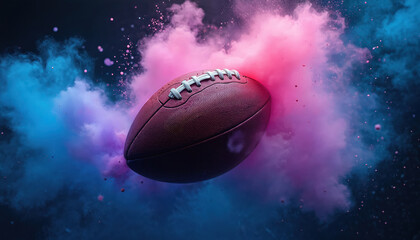 American football ball bursts with colorful pink and blue powder clouds. Dynamic explosion of dust and particles creates energetic abstract background for sports graphics.