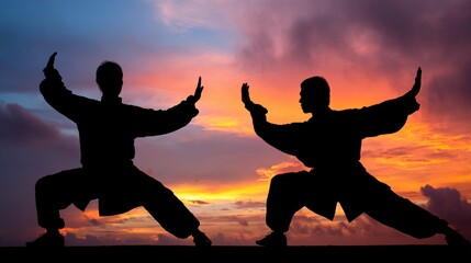 martial. Silhouettes of two martial artists in a dynamic pose against a vibrant sunset sky with strong backlighting. inspiring travel planning.