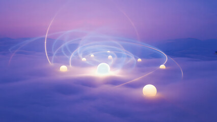 Glowing Orbs and Swirling Light Trails Above Misty Landscape at Dusk