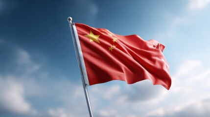 Chinese flag fluttering in the wind against a blue sky, symbolizing national pride and identity with vibrant colors and dynamic movement