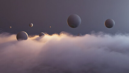 Floating Spheres Above Clouds with Golden Light Rays
