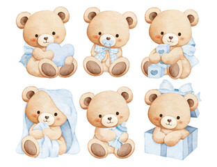 Watercolor Illustration Set of Adorable Baby Teddy Bears for Baby Shower and Nursery Decoration
