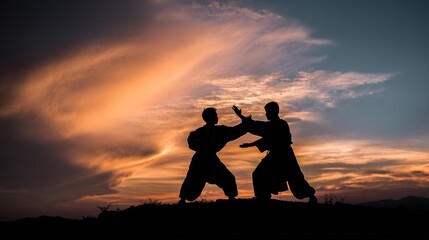 martial. Silhouettes of two martial artists in a dynamic pose against a vibrant sunset sky with strong backlighting. inspiring travel planning.