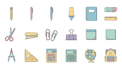 Obraz premium Collection of various office and school supplies in a simple flat style