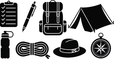 A collection of essential black silhouette icons representing outdoor camping and hiking adventure equipment
