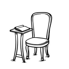 Simple chair by writing desk in black and white illustration, children's coloring book and educational activity