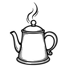 Modern kettle with steam illustration, kids coloring book and educational fun