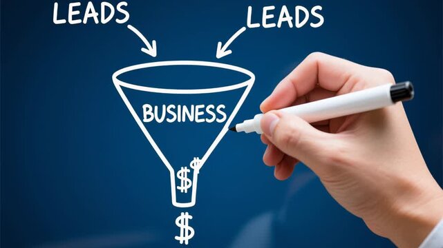 Business project marketing strategy planning with teamwork development, relationship, HR recruitment, training. A hand drawing a sales funnel represents lead generation, business success, teamwork