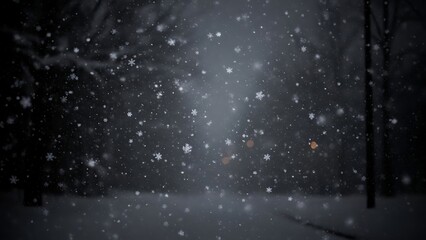Heavy winter snowfall at night with blurry street lights and deep dark background