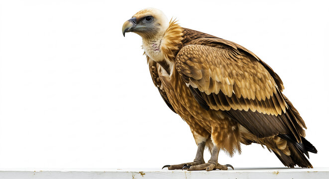 Vautour majestueux au plumage brun dor� se dresse fi�rement sur fond blanc pur sous une lumi�re �clatante. AI Generated