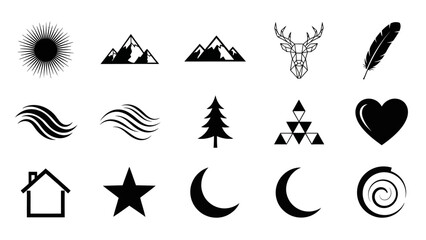 Collection of black and white vector graphics of natural and abstract elements