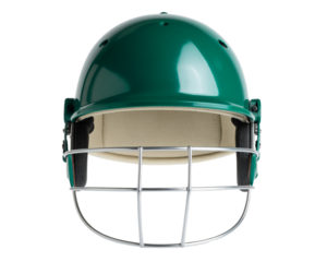 Green cricket helmet with face grill isolated PNG, protective headgear for batsman safety on transparent background
