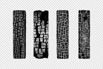 Charcoal vector brush set with cracked wood texture isolated on transparent background