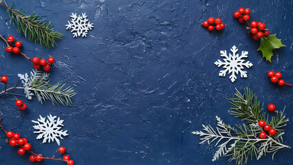Christmas Snowflakes and Holly Berries on Dark Blue Textured Background