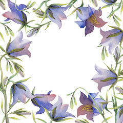 A square frame with bluebell flowers, buds and green leaves. Watercolor illustration in natural colors. A botanical template with wildflowers and an empty place to insert. For business cards