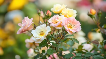 cambium. Rose bush with blossoms in pink, yellow, and cream gradients. gardening catalogs, home-decor guides, designed for home decor and floral branding, used by fitness trainers.