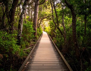 Wooden pathway through lush, verdant woodland, bathed in sunlight