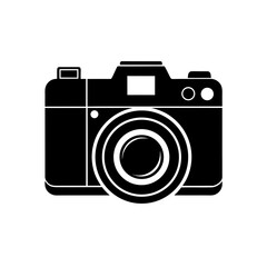 Illustration of a classic black camera with lens on transparent background silhouette